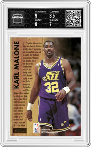 Karl Malone from the 1993-94 Fleer Ultra set graded by Arena Club and given an overall grade of 7.5.