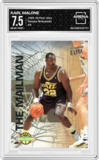 Karl Malone from the 1993-94 Fleer Ultra set graded by Arena Club and given an overall grade of 7.5.
