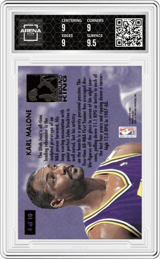 Karl Malone from the 1993-94 Fleer Ultra set graded by Arena Club and given an overall grade of 9.