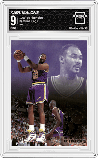 Karl Malone from the 1993-94 Fleer Ultra set graded by Arena Club and given an overall grade of 9.