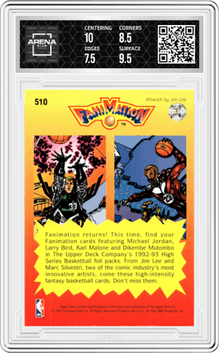 Larry Bird/Michael Jordan from the 1992-93 Upper Deck  set graded by Arena Club and given an overall grade of 8.