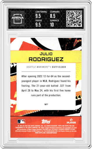 Julio Rodriguez from the 2022 Topps Fire  set graded by Arena Club and given an overall grade of 9.