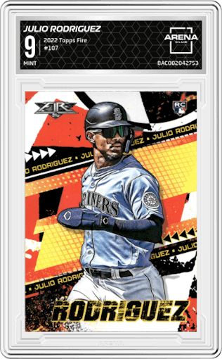Julio Rodriguez from the 2022 Topps Fire  set graded by Arena Club and given an overall grade of 9.
