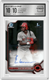 Elly De LA Cruz from the 2022 Bowman set graded by Arena Club and given an overall grade of 10.