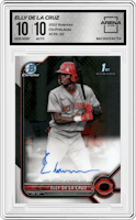 Elly De LA Cruz from the 2022 Bowman set graded by Arena Club and given an overall grade of 10.