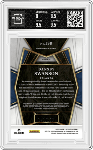 Dansby Swanson from the 2022 Panini Select set featuring a Red parallel graded by Arena Club and given an overall grade of 8.5.