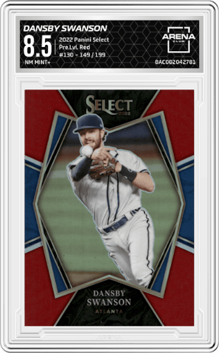 Dansby Swanson from the 2022 Panini Select set featuring a Red parallel graded by Arena Club and given an overall grade of 8.5.