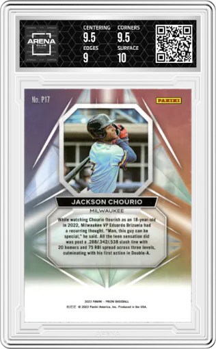 Jackson Chourio from the 2023 Panini Prizm set graded by Arena Club and given an overall grade of 9.5.