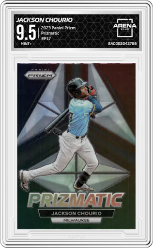 Jackson Chourio from the 2023 Panini Prizm set graded by Arena Club and given an overall grade of 9.5.