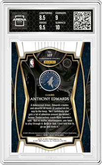 Anthony Edwards from the 2020-21 Panini Select  set featuring a Blue Retail parallel graded by Arena Club and given an overall grade of 9.