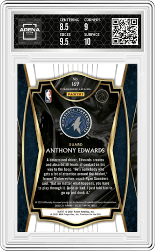 Anthony Edwards from the 2020-21 Panini Select  set featuring a Blue Retail parallel graded by Arena Club and given an overall grade of 9.