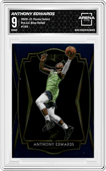 Anthony Edwards from the 2020-21 Panini Select  set featuring a Blue Retail parallel graded by Arena Club and given an overall grade of 9.
