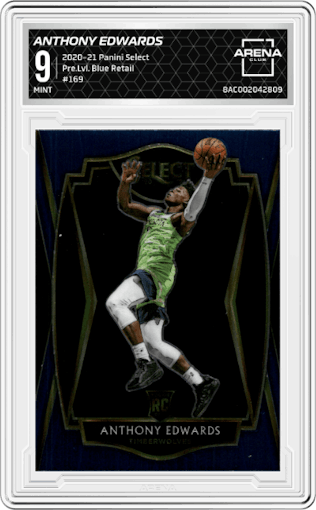 Anthony Edwards from the 2020-21 Panini Select  set featuring a Blue Retail parallel graded by Arena Club and given an overall grade of 9.