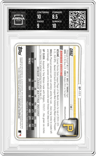 Oneil Cruz from the 2020 Bowman set featuring a Camo parallel graded by Arena Club and given an overall grade of 9.