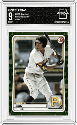 Oneil Cruz from the 2020 Bowman set featuring a Camo parallel graded by Arena Club and given an overall grade of 9.