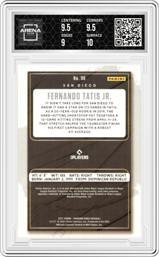 Fernando Tatis Jr. from the 2021 Panini Diamond Kings set graded by Arena Club and given an overall grade of 9.5.