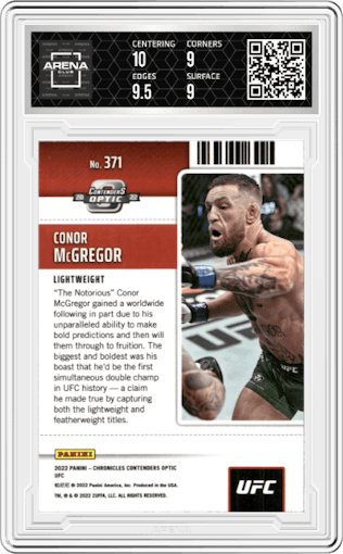Conor McGregor from the 2022 Panini Chronicles UFC set graded by Arena Club and given an overall grade of 9.5.