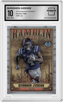 Quinshon Judkins from the 2023 Bowman Chrome University set graded by Arena Club and given an overall grade of 10.