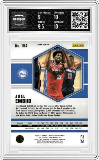 Joel Embiid from the 2020-21 Panini Mosaic set featuring a Reactive Green parallel graded by Arena Club and given an overall grade of 9.5.