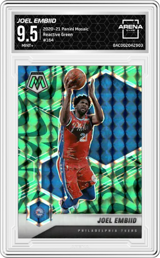 Joel Embiid from the 2020-21 Panini Mosaic set featuring a Reactive Green parallel graded by Arena Club and given an overall grade of 9.5.