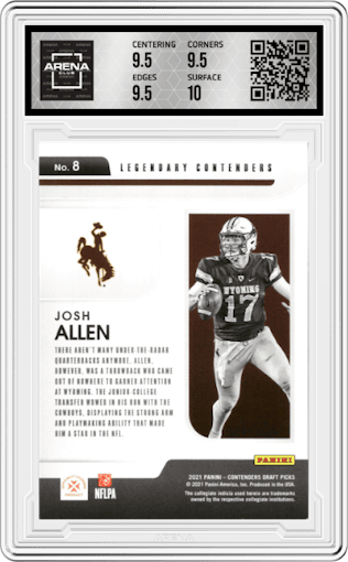 Josh Allen from the 2021 Panini Contenders Draft Picks set graded by Arena Club and given an overall grade of 10.