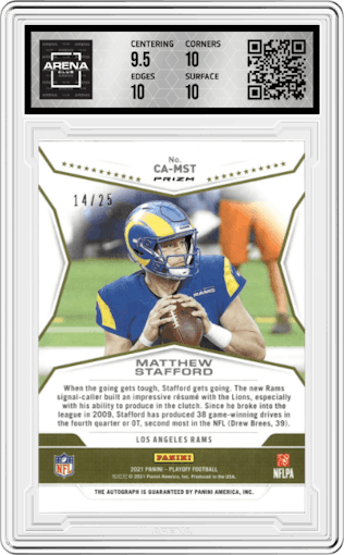 Matthew Stafford from the 2021 Panini Playoff set graded by Arena Club and given an overall grade of 10.