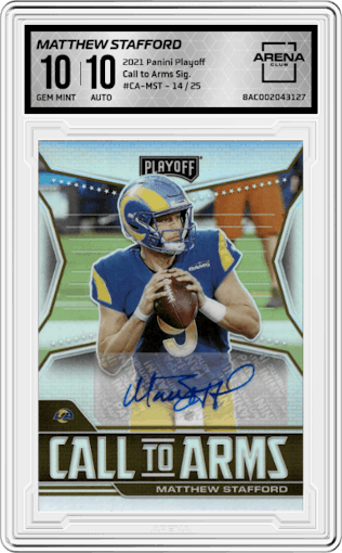 Matthew Stafford from the 2021 Panini Playoff set graded by Arena Club and given an overall grade of 10.