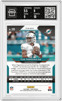 Tua Tagovailoa from the 2020 Panini Prizm set featuring a Lazer parallel graded by Arena Club and given an overall grade of 9.5.