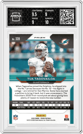 Tua Tagovailoa from the 2020 Panini Prizm set featuring a Lazer parallel graded by Arena Club and given an overall grade of 9.5.