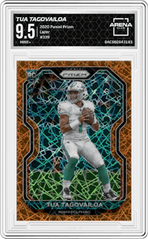 Tua Tagovailoa from the 2020 Panini Prizm set featuring a Lazer parallel graded by Arena Club and given an overall grade of 9.5.