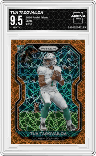 Tua Tagovailoa from the 2020 Panini Prizm set featuring a Lazer parallel graded by Arena Club and given an overall grade of 9.5.