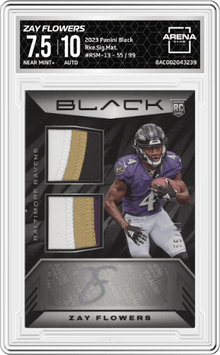 Zay Flowers from the 2023 Panini Black set graded by Arena Club and given an overall grade of 7.5.