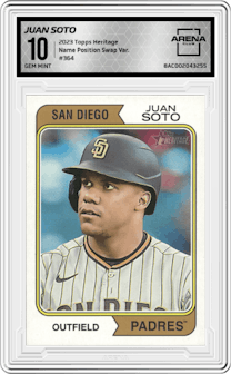 Juan Soto from the 2023 Topps Heritage set graded by Arena Club and given an overall grade of 10.