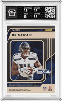 DK Metcalf from the 2020 Panini Gold Standard set featuring a Prime parallel graded by Arena Club and given an overall grade of 9.