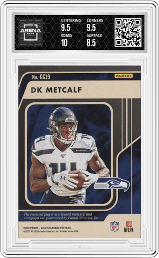 DK Metcalf from the 2020 Panini Gold Standard set featuring a Prime parallel graded by Arena Club and given an overall grade of 9.