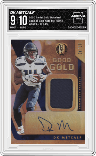 DK Metcalf from the 2020 Panini Gold Standard set featuring a Prime parallel graded by Arena Club and given an overall grade of 9.