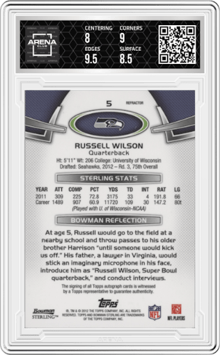Russell Wilson from the 2012 Bowman Sterling set featuring a Black Refractor parallel graded by Arena Club and given an overall grade of 8.5.