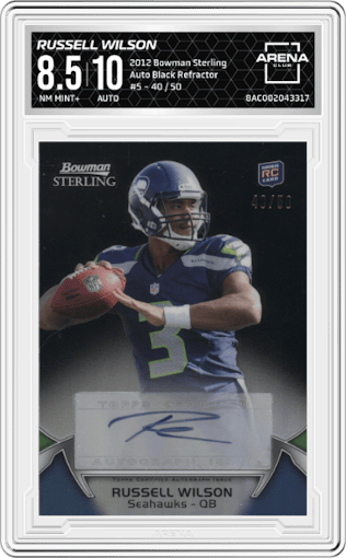 Russell Wilson from the 2012 Bowman Sterling set featuring a Black Refractor parallel graded by Arena Club and given an overall grade of 8.5.