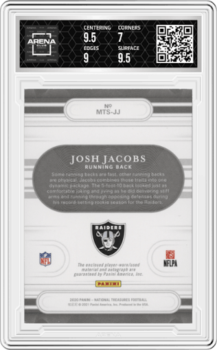 Josh Jacobs from the 2020 Panini National Treasures set featuring a Prime parallel graded by Arena Club and given an overall grade of 7.5.