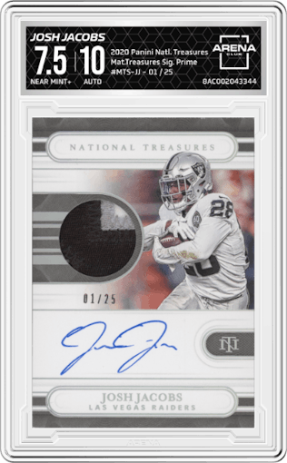 Josh Jacobs from the 2020 Panini National Treasures set featuring a Prime parallel graded by Arena Club and given an overall grade of 7.5.