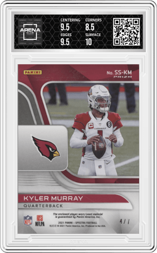 Kyler Murray from the 2021 Panini Spectra set featuring a Neon Pink parallel graded by Arena Club and given an overall grade of 9.