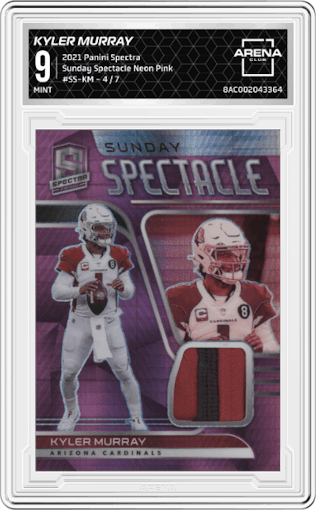 Kyler Murray from the 2021 Panini Spectra set featuring a Neon Pink parallel graded by Arena Club and given an overall grade of 9.