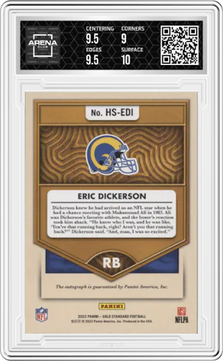 Eric Dickerson from the 2022 Panini Gold Standard set graded by Arena Club and given an overall grade of 9.5.
