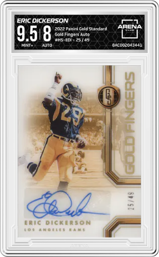 Eric Dickerson from the 2022 Panini Gold Standard set graded by Arena Club and given an overall grade of 9.5.