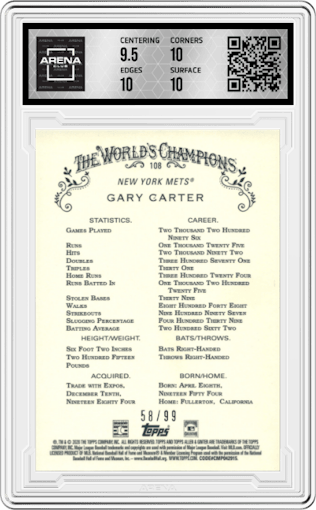 Gary Carter from the 2020 Topps Allen & Ginter Chrome set featuring a Green Refractor parallel graded by Arena Club and given an overall grade of 10.