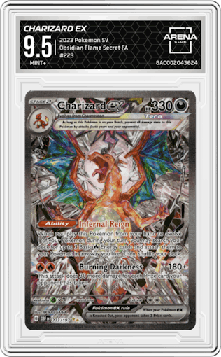 Charizard EX from the 2023 Pokemon SV set graded by Arena Club and given an overall grade of 9.5.