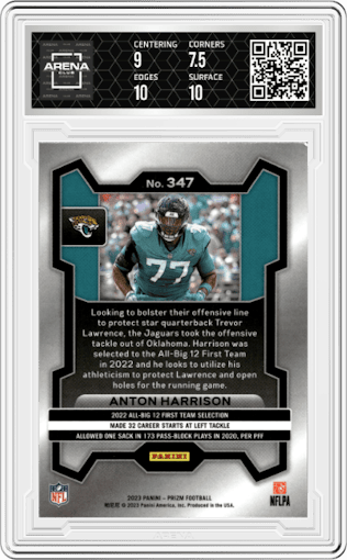 Anton Harrison from the 2023 Panini Prizm set graded by Arena Club and given an overall grade of 8.