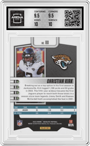 Christian Kirk from the 2023 Panini Absolute set featuring a Green Spectrum parallel graded by Arena Club and given an overall grade of 10.