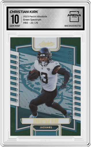 Christian Kirk from the 2023 Panini Absolute set featuring a Green Spectrum parallel graded by Arena Club and given an overall grade of 10.