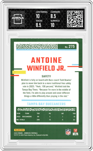 Antoine Winfield Jr. from the 2023 Panini Donruss set graded by Arena Club and given an overall grade of 9.